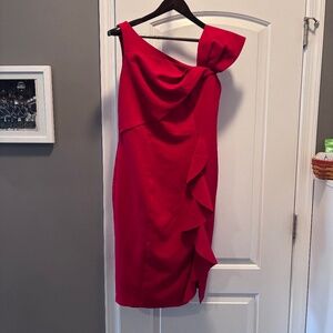 Marina short cocktail dress, ruffle accents, asymmetrical straps, size 10
